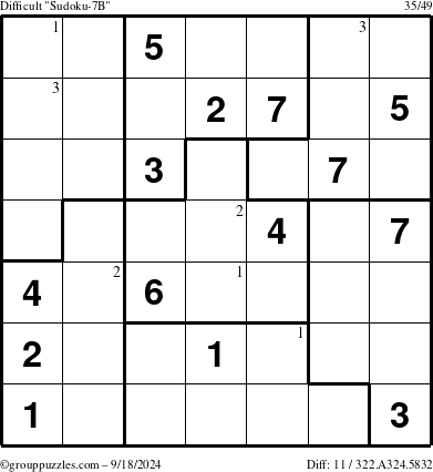 The grouppuzzles.com Difficult Sudoku-7B puzzle for Wednesday September 18, 2024 with the first 3 steps marked