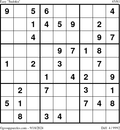 The grouppuzzles.com Easy Sudoku puzzle for Wednesday September 18, 2024