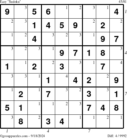 The grouppuzzles.com Easy Sudoku puzzle for Wednesday September 18, 2024 with all 4 steps marked