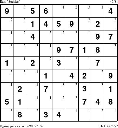 The grouppuzzles.com Easy Sudoku puzzle for Wednesday September 18, 2024 with the first 3 steps marked