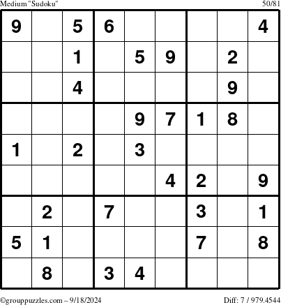 The grouppuzzles.com Medium Sudoku puzzle for Wednesday September 18, 2024