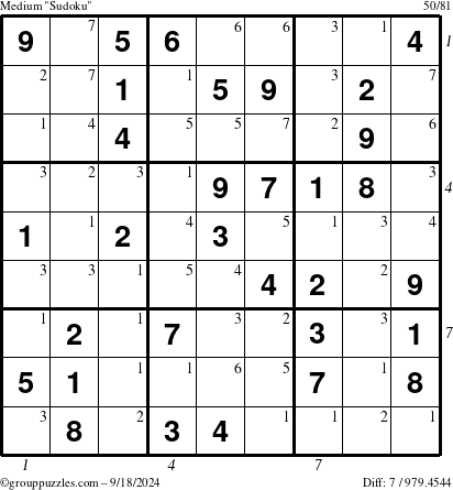 The grouppuzzles.com Medium Sudoku puzzle for Wednesday September 18, 2024 with all 7 steps marked