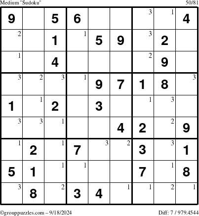 The grouppuzzles.com Medium Sudoku puzzle for Wednesday September 18, 2024 with the first 3 steps marked