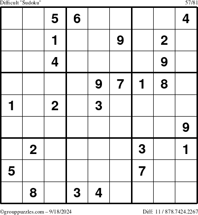 The grouppuzzles.com Difficult Sudoku puzzle for Wednesday September 18, 2024