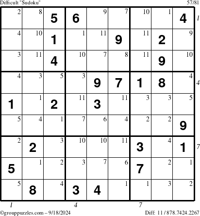 The grouppuzzles.com Difficult Sudoku puzzle for Wednesday September 18, 2024 with all 11 steps marked