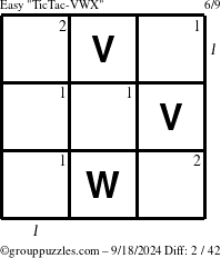 The grouppuzzles.com Easy TicTac-VWX puzzle for Wednesday September 18, 2024 with all 2 steps marked