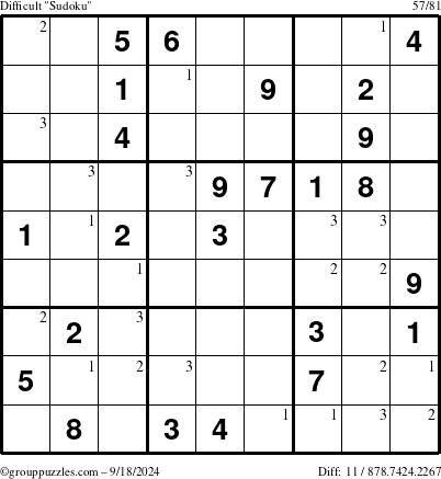 The grouppuzzles.com Difficult Sudoku puzzle for Wednesday September 18, 2024 with the first 3 steps marked