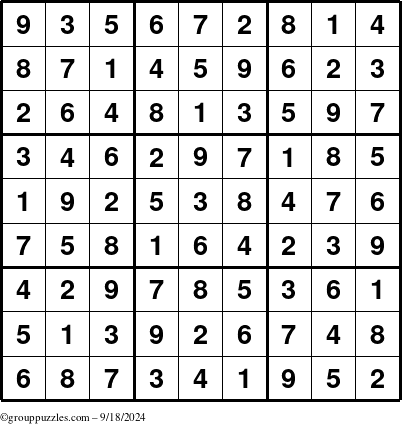 The grouppuzzles.com Answer grid for the Sudoku puzzle for Wednesday September 18, 2024