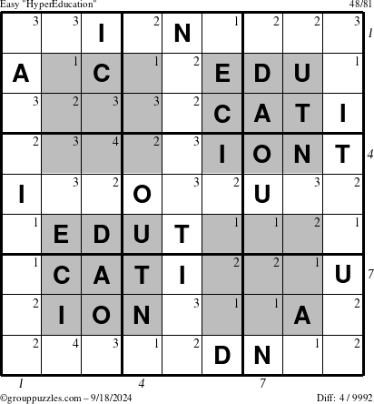 The grouppuzzles.com Easy HyperEducation-i23 puzzle for Wednesday September 18, 2024, suitable for printing, with all 4 steps marked