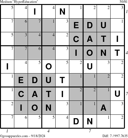 The grouppuzzles.com Medium HyperEducation-i23 puzzle for Wednesday September 18, 2024, suitable for printing, with all 7 steps marked