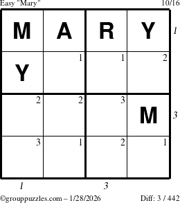 The grouppuzzles.com Easy Mary puzzle for Wednesday January 28, 2026 with all 3 steps marked