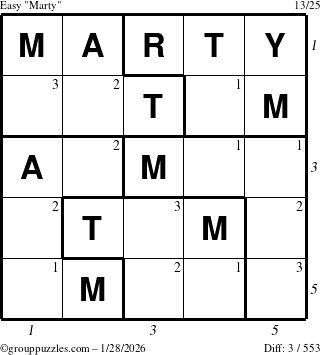 The grouppuzzles.com Easy Marty puzzle for Wednesday January 28, 2026, suitable for printing, with all 3 steps marked