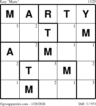 The grouppuzzles.com Easy Marty puzzle for Wednesday January 28, 2026 with the first 3 steps marked