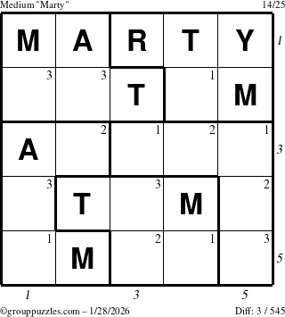 The grouppuzzles.com Medium Marty puzzle for Wednesday January 28, 2026 with all 3 steps marked