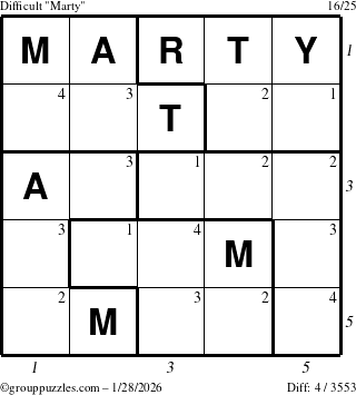The grouppuzzles.com Difficult Marty puzzle for Wednesday January 28, 2026, suitable for printing, with all 4 steps marked