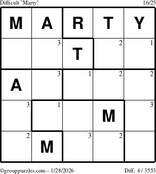 The grouppuzzles.com Difficult Marty puzzle for Wednesday January 28, 2026 with the first 3 steps marked