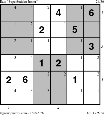 The grouppuzzles.com Easy SuperSudoku-Junior puzzle for Wednesday January 28, 2026 with all 4 steps marked