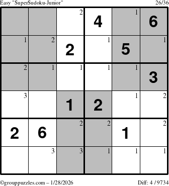 The grouppuzzles.com Easy SuperSudoku-Junior puzzle for Wednesday January 28, 2026 with the first 3 steps marked