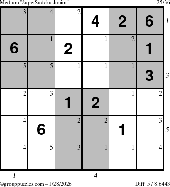 The grouppuzzles.com Medium SuperSudoku-Junior puzzle for Wednesday January 28, 2026 with all 5 steps marked