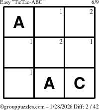 The grouppuzzles.com Easy TicTac-ABC puzzle for Wednesday January 28, 2026 with the first 2 steps marked