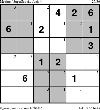 The grouppuzzles.com Medium SuperSudoku-Junior puzzle for Wednesday January 28, 2026 with the first 3 steps marked