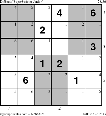 The grouppuzzles.com Difficult SuperSudoku-Junior puzzle for Wednesday January 28, 2026, suitable for printing, with all 6 steps marked