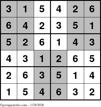 The grouppuzzles.com Answer grid for the SuperSudoku-Junior puzzle for Wednesday January 28, 2026