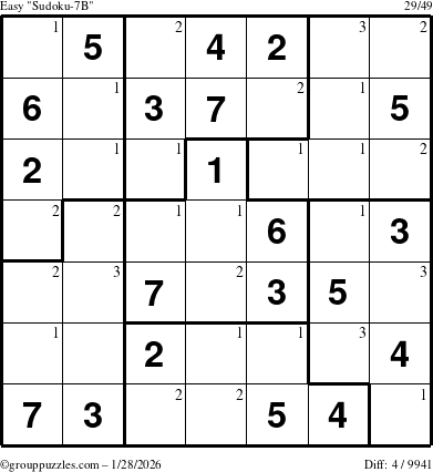 The grouppuzzles.com Easy Sudoku-7B puzzle for Wednesday January 28, 2026 with the first 3 steps marked
