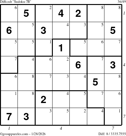 The grouppuzzles.com Difficult Sudoku-7B puzzle for Wednesday January 28, 2026, suitable for printing, with all 8 steps marked