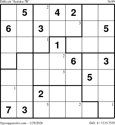 The grouppuzzles.com Difficult Sudoku-7B puzzle for Wednesday January 28, 2026 with the first 3 steps marked