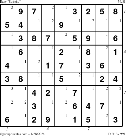 The grouppuzzles.com Easy Sudoku puzzle for Wednesday January 28, 2026, suitable for printing, with all 3 steps marked