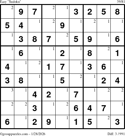 The grouppuzzles.com Easy Sudoku puzzle for Wednesday January 28, 2026 with the first 3 steps marked