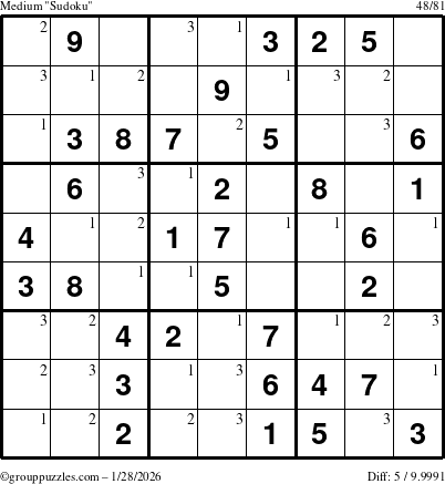 The grouppuzzles.com Medium Sudoku puzzle for Wednesday January 28, 2026 with the first 3 steps marked