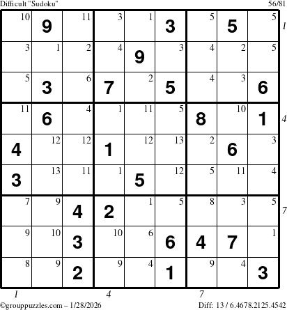 The grouppuzzles.com Difficult Sudoku puzzle for Wednesday January 28, 2026 with all 13 steps marked