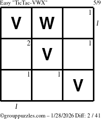 The grouppuzzles.com Easy TicTac-VWX puzzle for Wednesday January 28, 2026 with all 2 steps marked