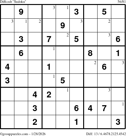 The grouppuzzles.com Difficult Sudoku puzzle for Wednesday January 28, 2026 with the first 3 steps marked
