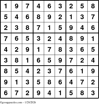 The grouppuzzles.com Answer grid for the Sudoku puzzle for Wednesday January 28, 2026