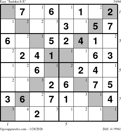 The grouppuzzles.com Easy Sudoku-8-X puzzle for Wednesday January 28, 2026, suitable for printing, with all 4 steps marked