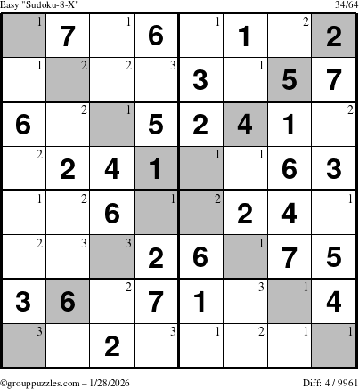 The grouppuzzles.com Easy Sudoku-8-X puzzle for Wednesday January 28, 2026 with the first 3 steps marked