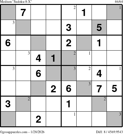 The grouppuzzles.com Medium Sudoku-8-X puzzle for Wednesday January 28, 2026 with the first 3 steps marked