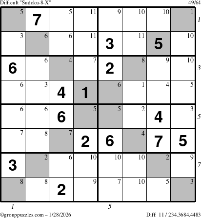 The grouppuzzles.com Difficult Sudoku-8-X puzzle for Wednesday January 28, 2026, suitable for printing, with all 11 steps marked
