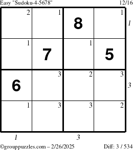 The grouppuzzles.com Easy Sudoku-4-5678 puzzle for Wednesday February 26, 2025 with all 3 steps marked