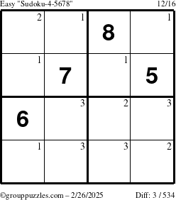 The grouppuzzles.com Easy Sudoku-4-5678 puzzle for Wednesday February 26, 2025 with the first 3 steps marked