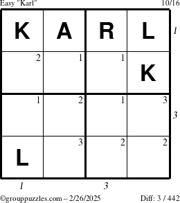 The grouppuzzles.com Easy Karl puzzle for Wednesday February 26, 2025 with all 3 steps marked