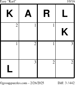 The grouppuzzles.com Easy Karl puzzle for Wednesday February 26, 2025 with the first 3 steps marked