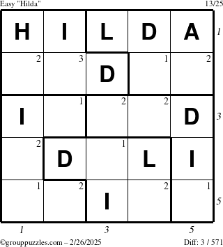 The grouppuzzles.com Easy Hilda puzzle for Wednesday February 26, 2025 with all 3 steps marked