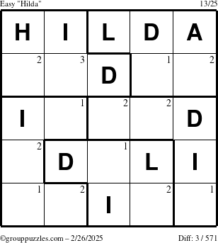 The grouppuzzles.com Easy Hilda puzzle for Wednesday February 26, 2025 with the first 3 steps marked