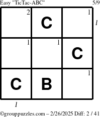 The grouppuzzles.com Easy TicTac-ABC puzzle for Wednesday February 26, 2025, suitable for printing, with all 2 steps marked