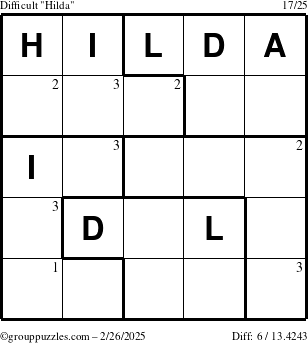 The grouppuzzles.com Difficult Hilda puzzle for Wednesday February 26, 2025 with the first 3 steps marked