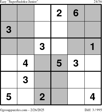 The grouppuzzles.com Easy SuperSudoku-Junior puzzle for Wednesday February 26, 2025